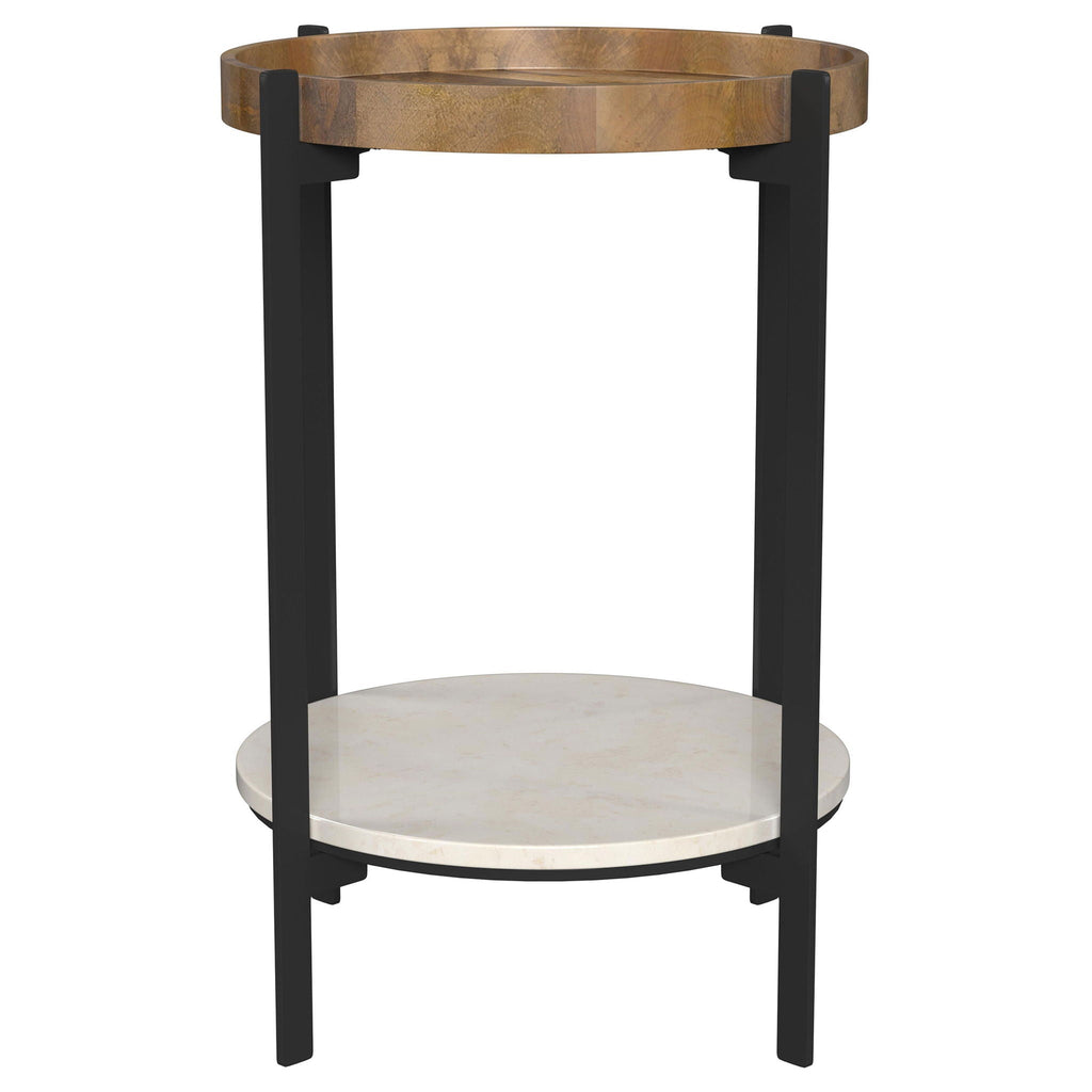 Natural Mango Wood Round End Table with White Marble Shelf - Natural