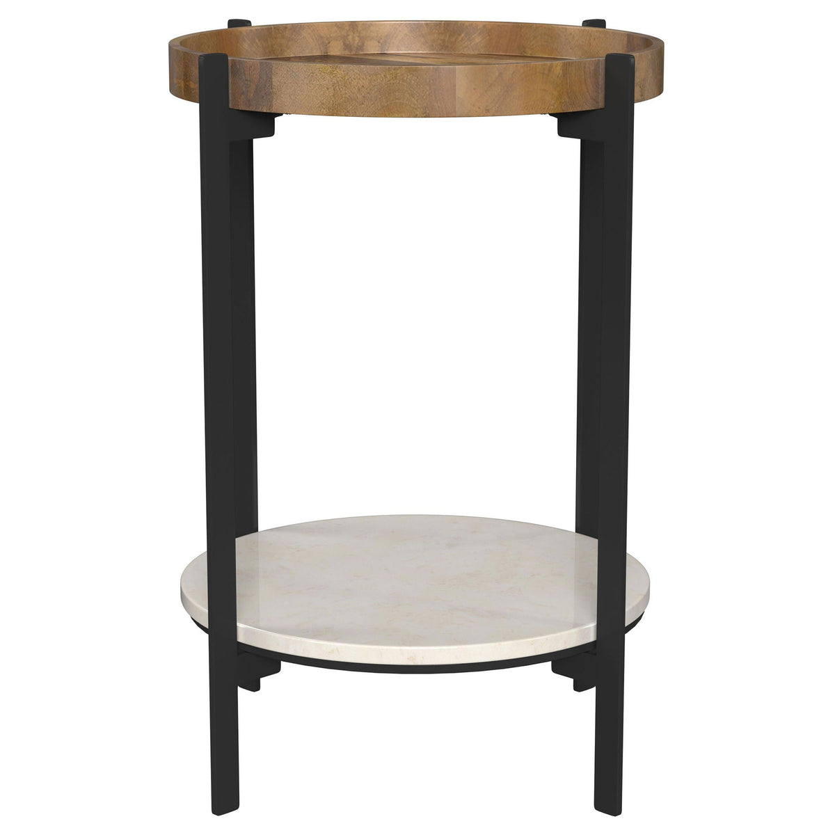Natural Mango Wood Round End Table with White Marble Shelf - Natural