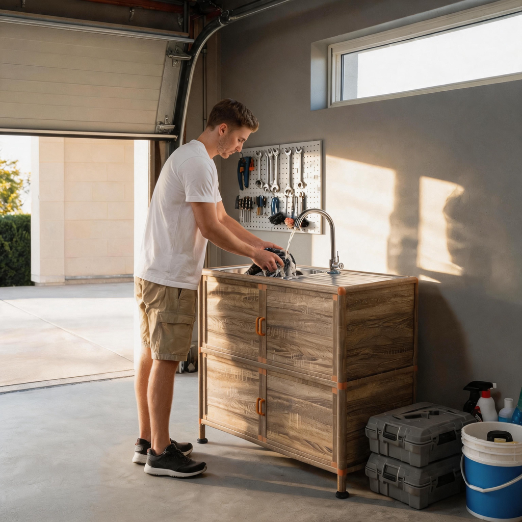 Utility Sink with Cabinet with Lockable Storage - Natural Wood Grain