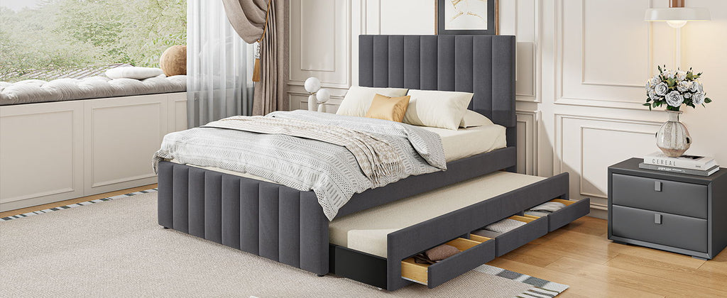 Upholstered Platform Bed with Twin Size Trundle and 3 Drawers - Beige, Full
