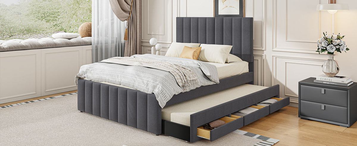 Upholstered Platform Bed with Twin Size Trundle and 3 Drawers - Beige, Full