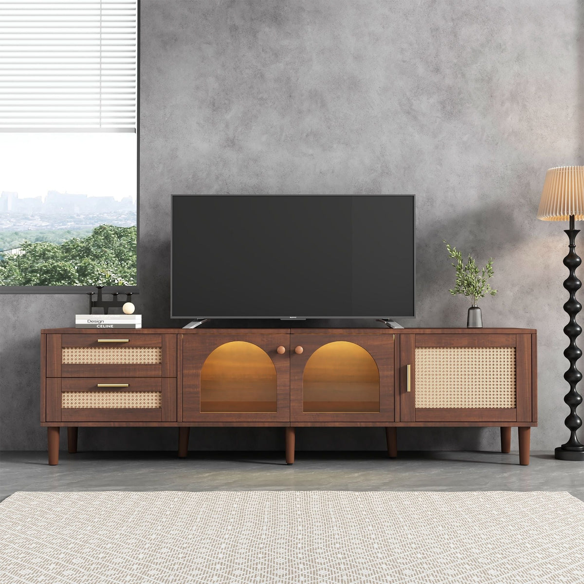 TV Stand With 3 Cabinets & 2 Drawers with LED Light - Dark Brown
