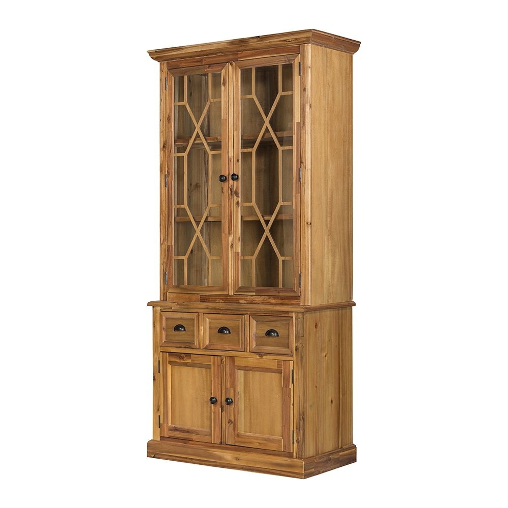 Solid Acacia Wood Accent Cabinet with Glass Doors - Light Blue or Light Brown