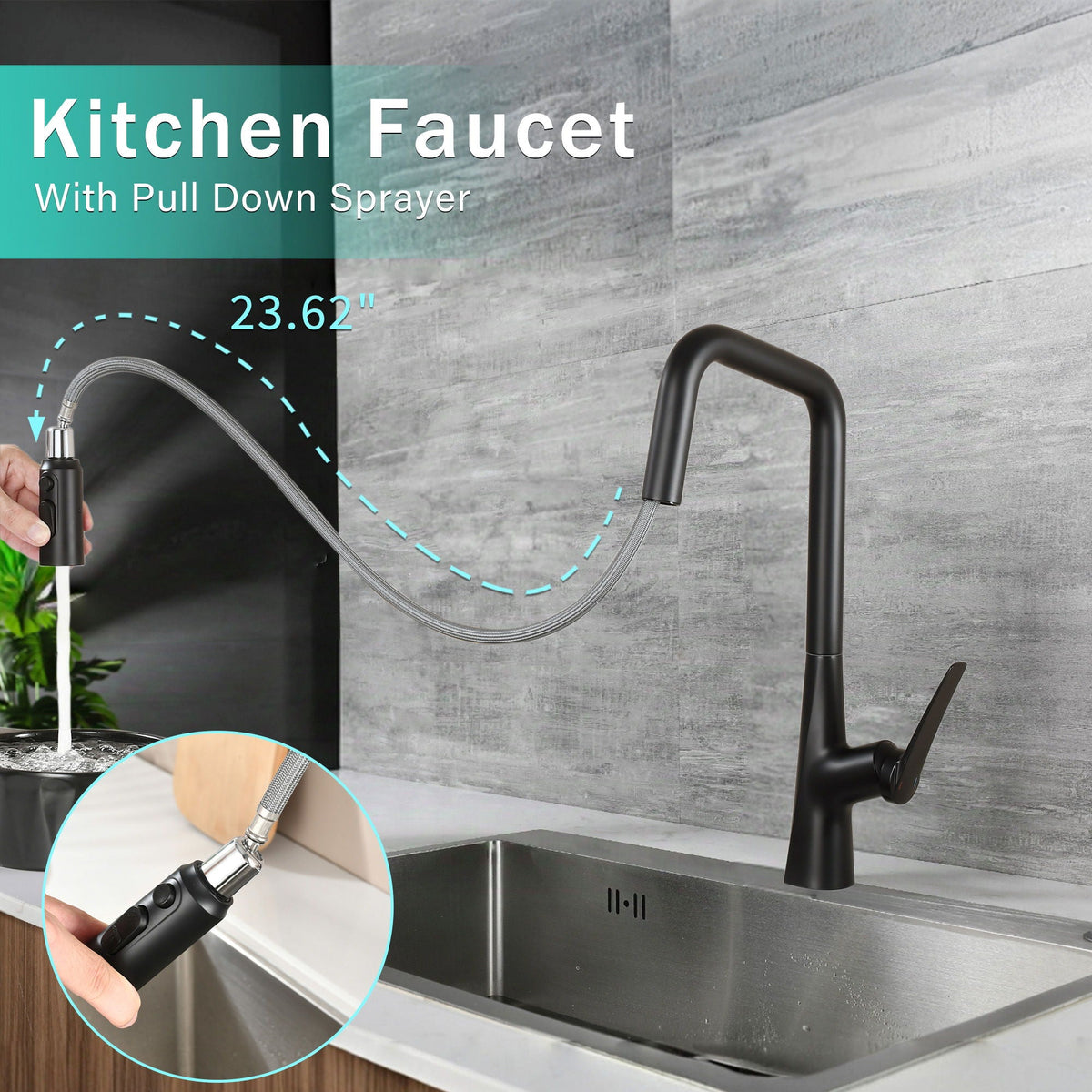 Professional Kitchen Faucet with 3-Function 360 Sprayer - Black or Pearl Silver