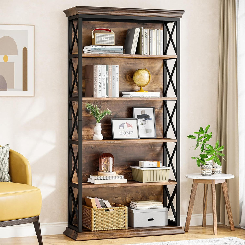 6 Tier Industrial Bookcase with X Pattern Design - Rustic Brown