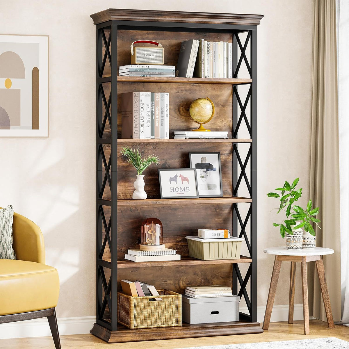 6 Tier Industrial Bookcase with X Pattern Design - Rustic Brown