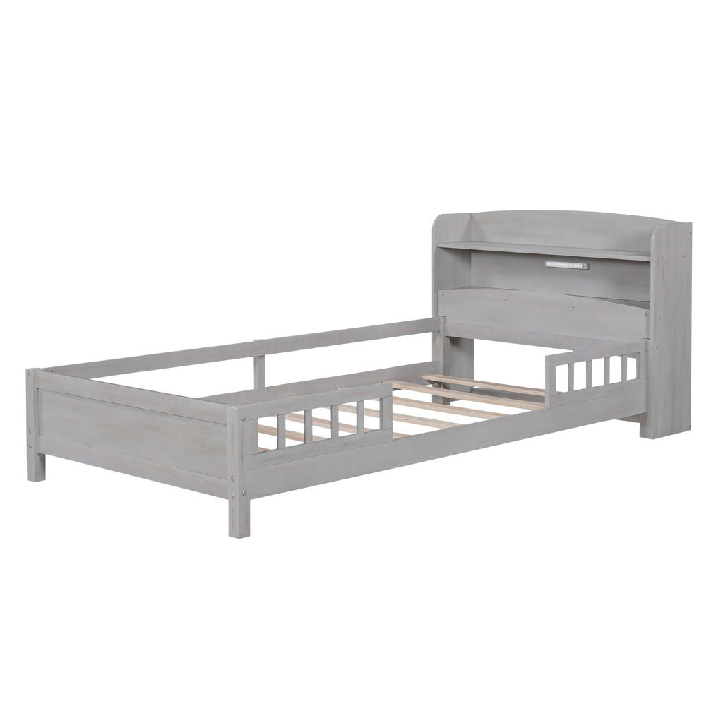 Wood Platform Storage Bed with LED Light & Storage Headboard - White or Dark Gray