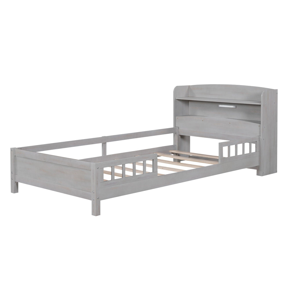 Wood Platform Storage Bed with LED Light & Storage Headboard - White or Dark Gray