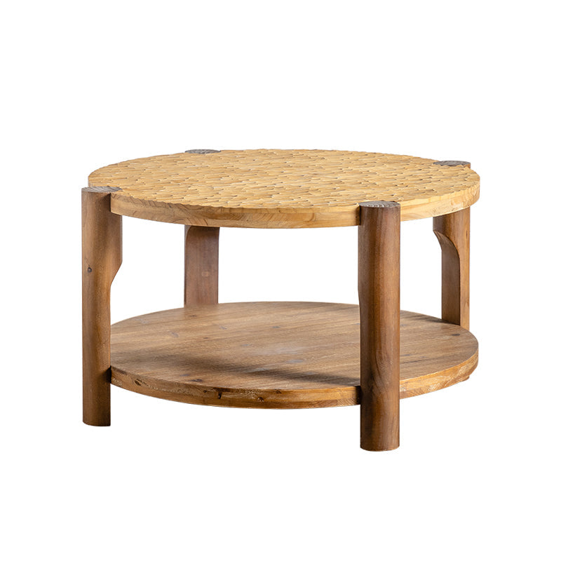 Round Coffee Table with Solid Wood Base and 2-Tier Storage - Natural