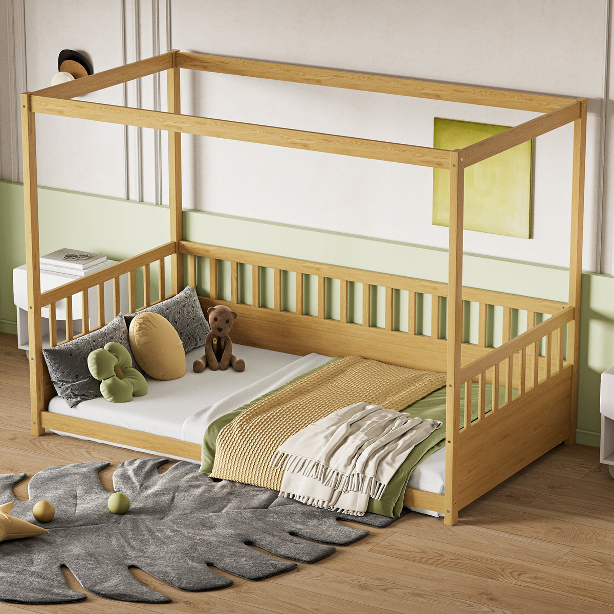 Twin Size Canopy Bed Frame with Guardrails - Natural Wood
