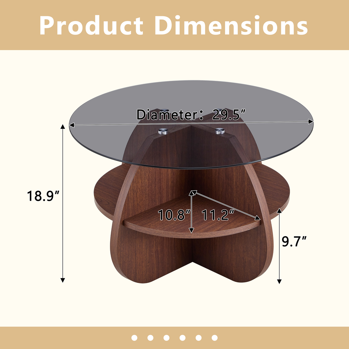 Creative Cross-Structure Round Coffee Table with Glass Top - Walnut Finish