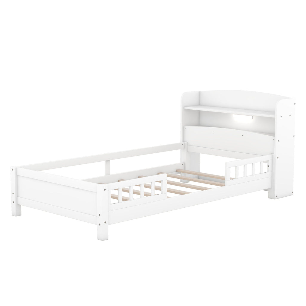 Wood Platform Storage Bed with LED Light & Storage Headboard - White or Dark Gray