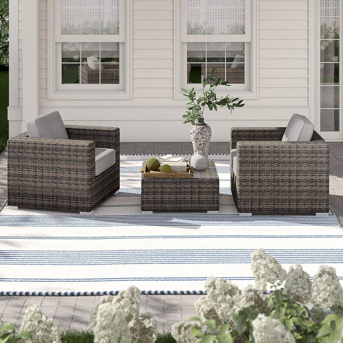 Wicker Outdoor Seating Group Set with Cushions and Table - Multiple Colors