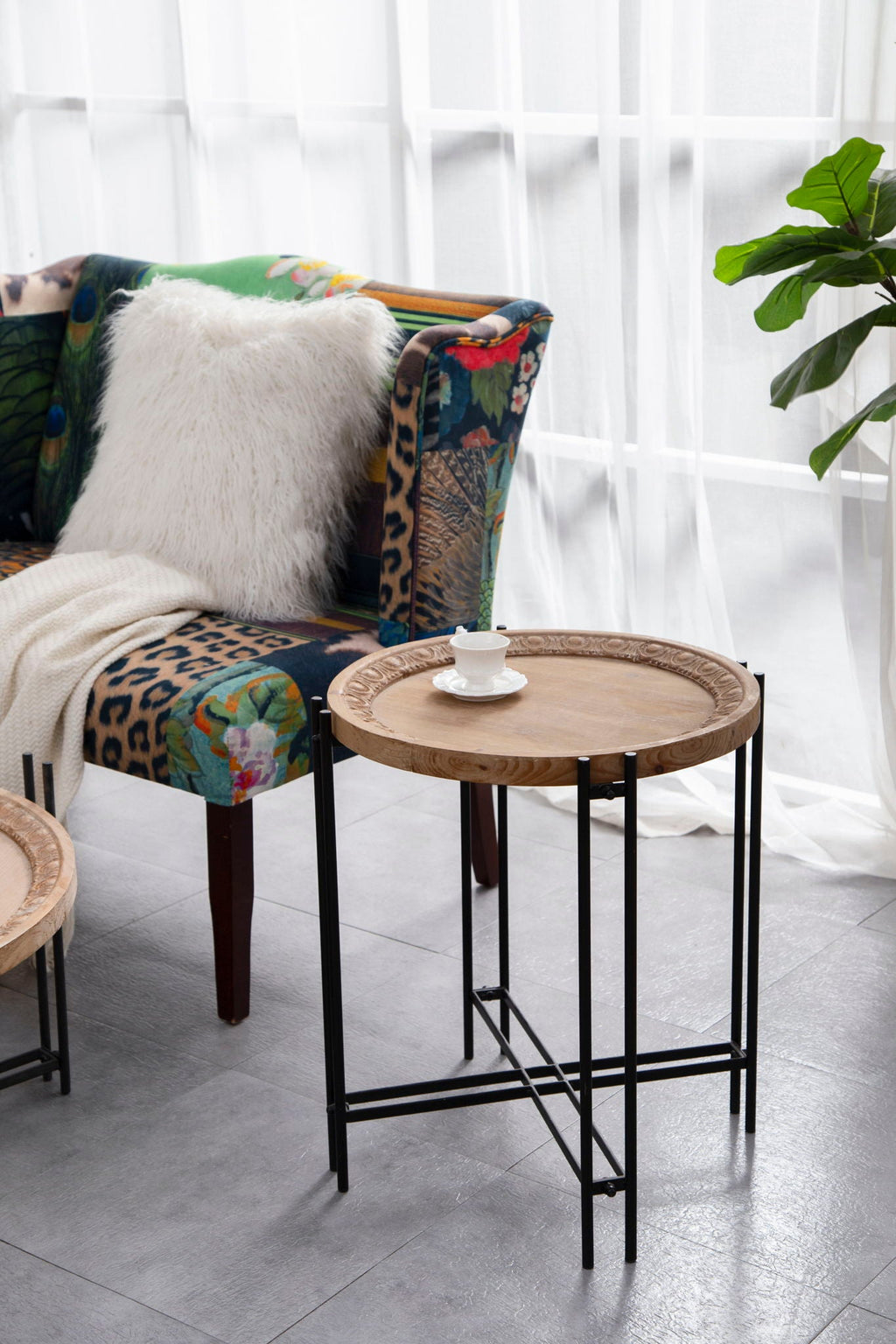Round Side Table With Wood Top - Black Brown
