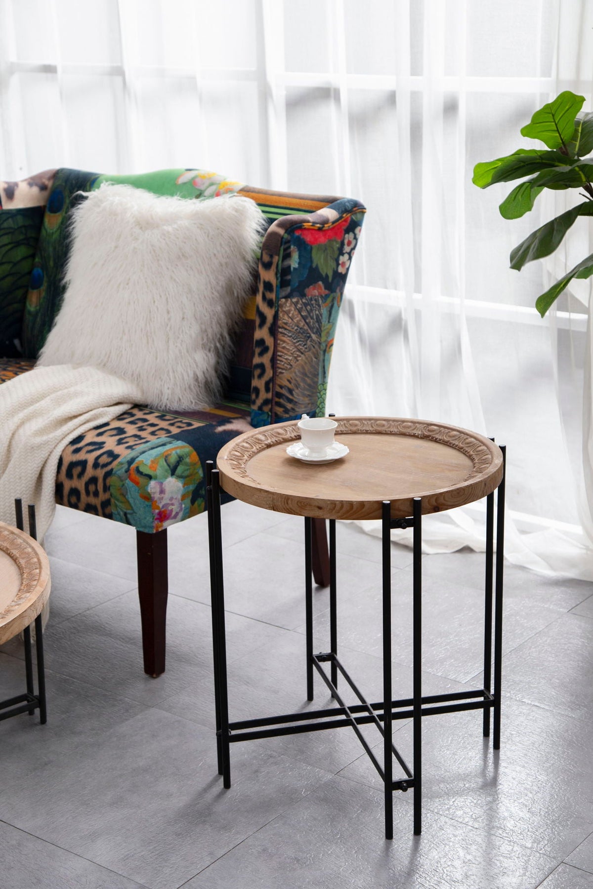 Round Side Table With Wood Top - Black Brown