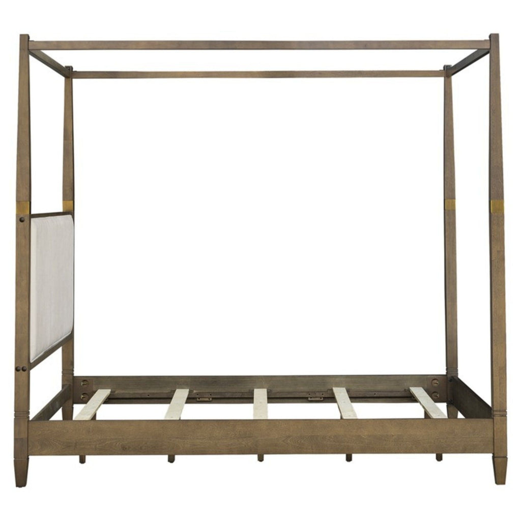 Queen Canopy Bed Frame with Upholstered Headboard - Brown