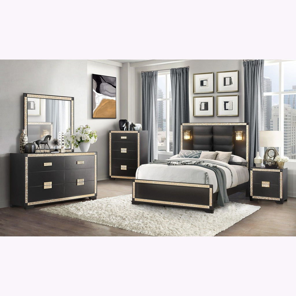 Black 5 Piece Bedroom Set with Glitter Detail and Padded Headboard
