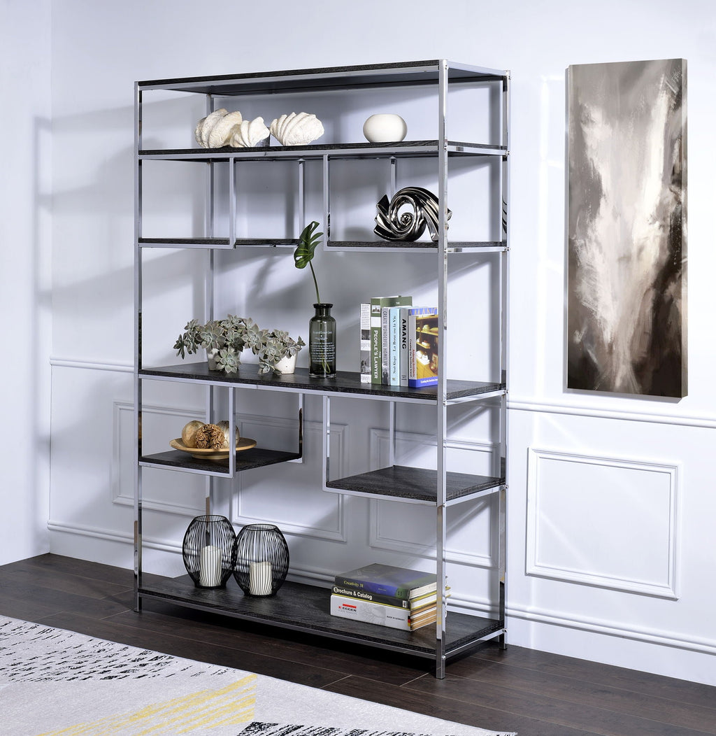 Gray Oak Bookshelf with Chrome Frame and 7 Open Shelves - Gray
