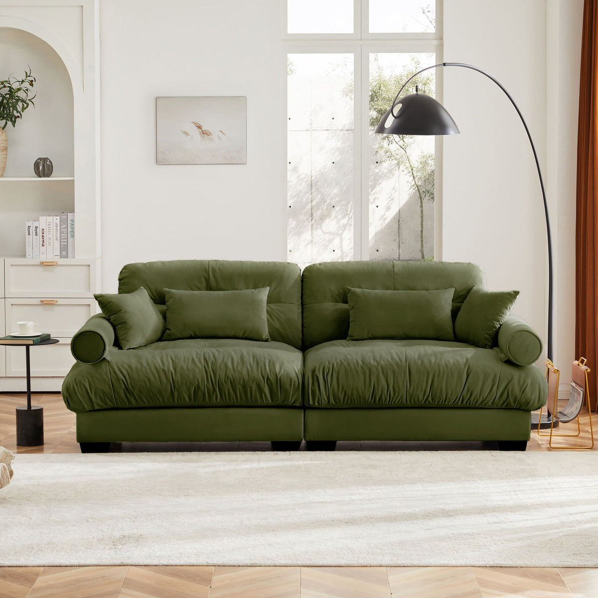 Modern Sofa with Bolstered Armrests and Pillows - Beige or Dark Green