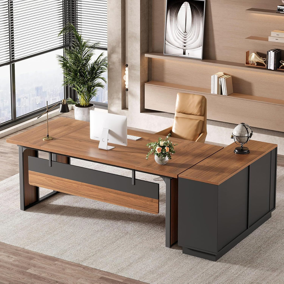L-Shaped Executive Desk with File Cabinet - Brown / Black