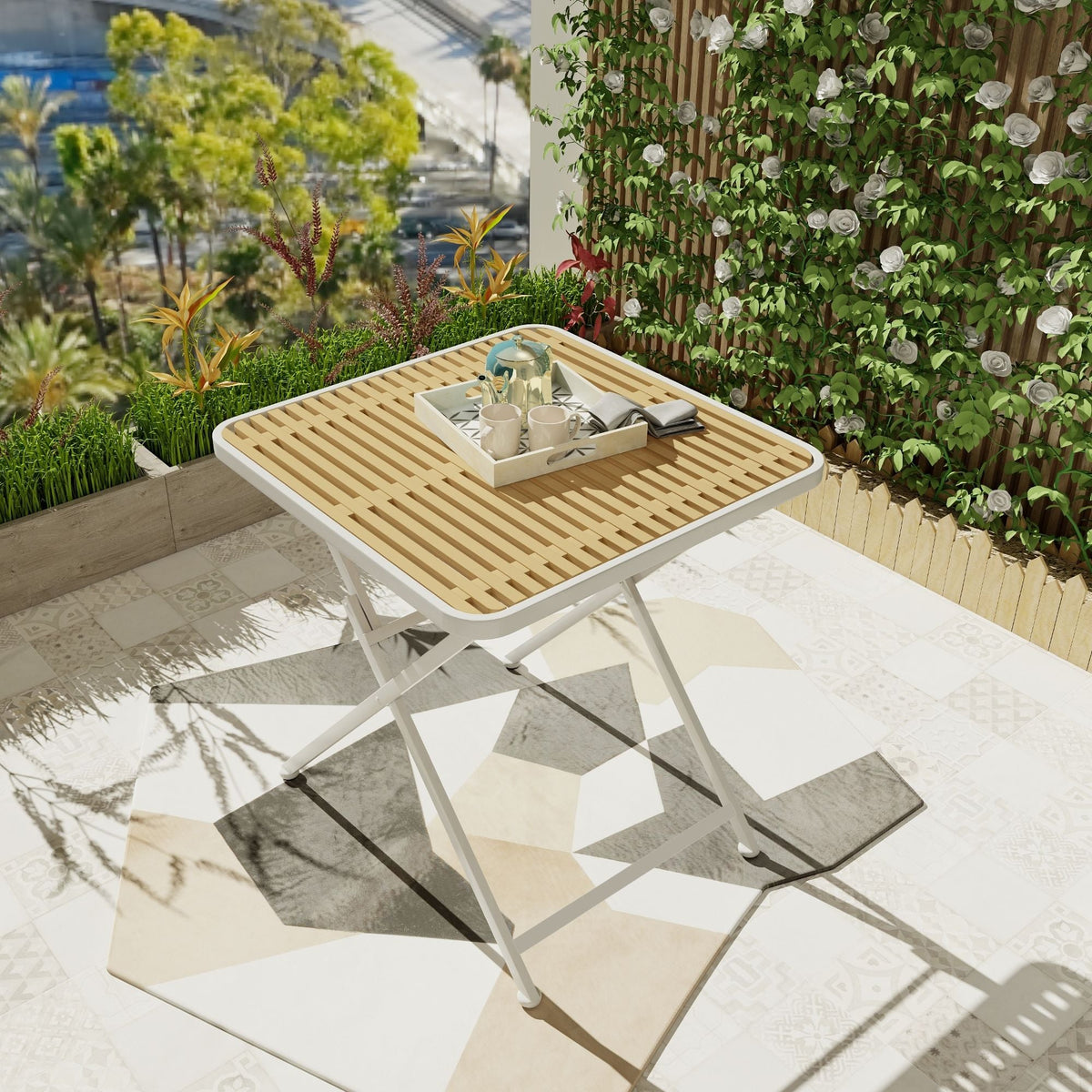 Modern Folding Square Table with Waterproof Top - Apricot / White