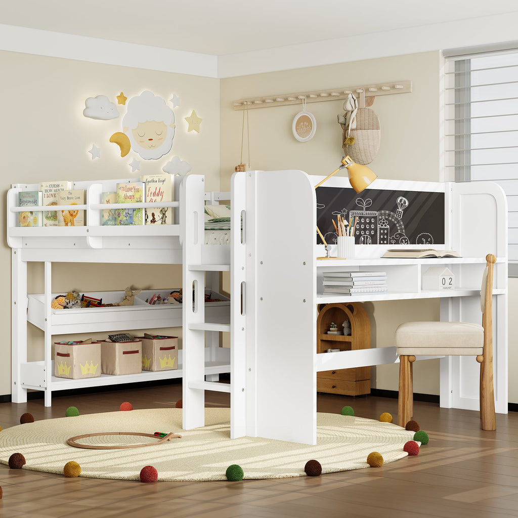 Full Loft Bed with Multi-Storage Bookcases and Desk – White