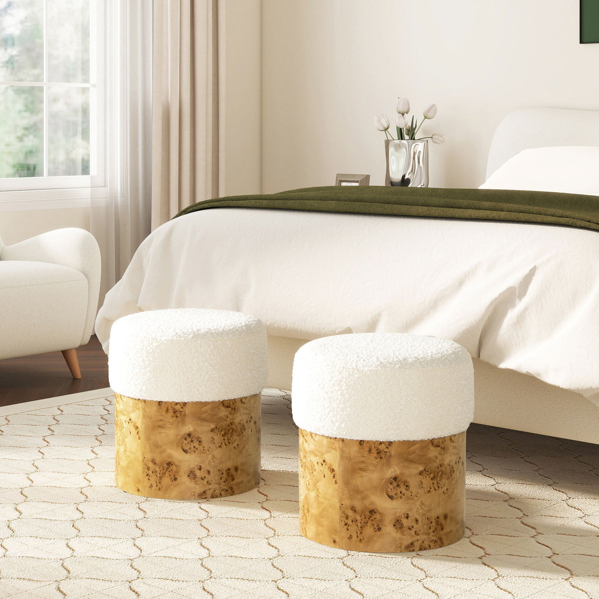 Round Upholstered Ottoman with Boucle Texture - White