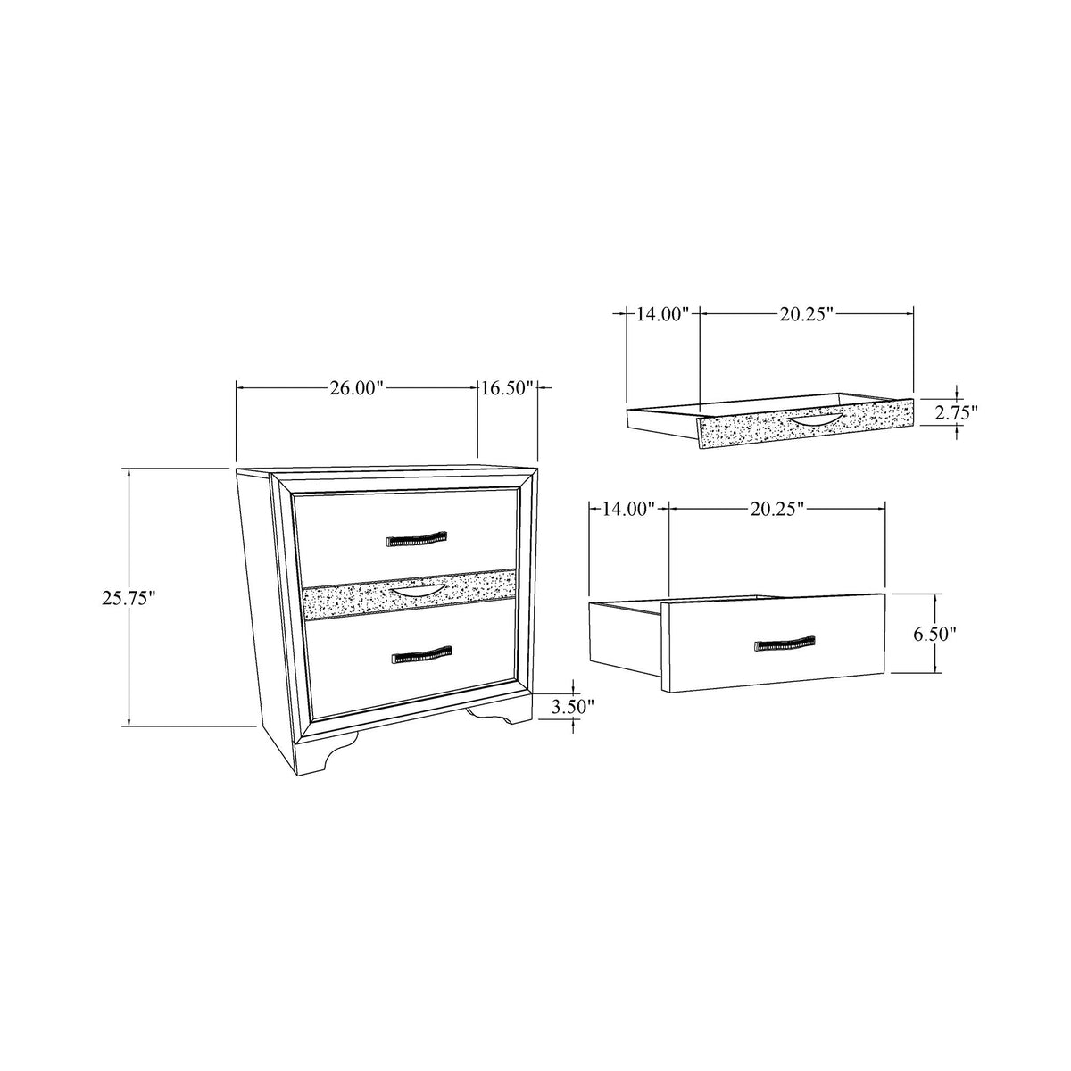 Sparkle Nightstand with Three Drawers - Gray