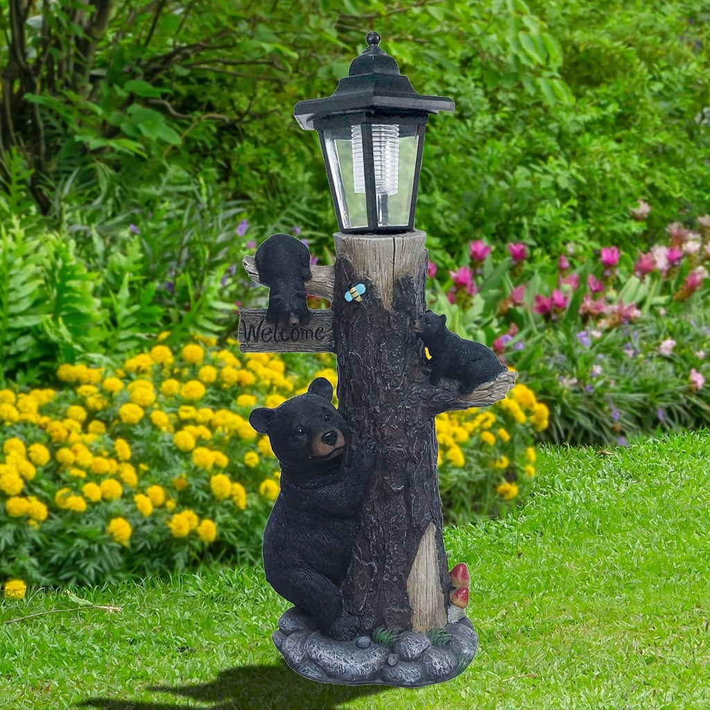 Black Bear Statue Welcome Sign with Solar Light - Black