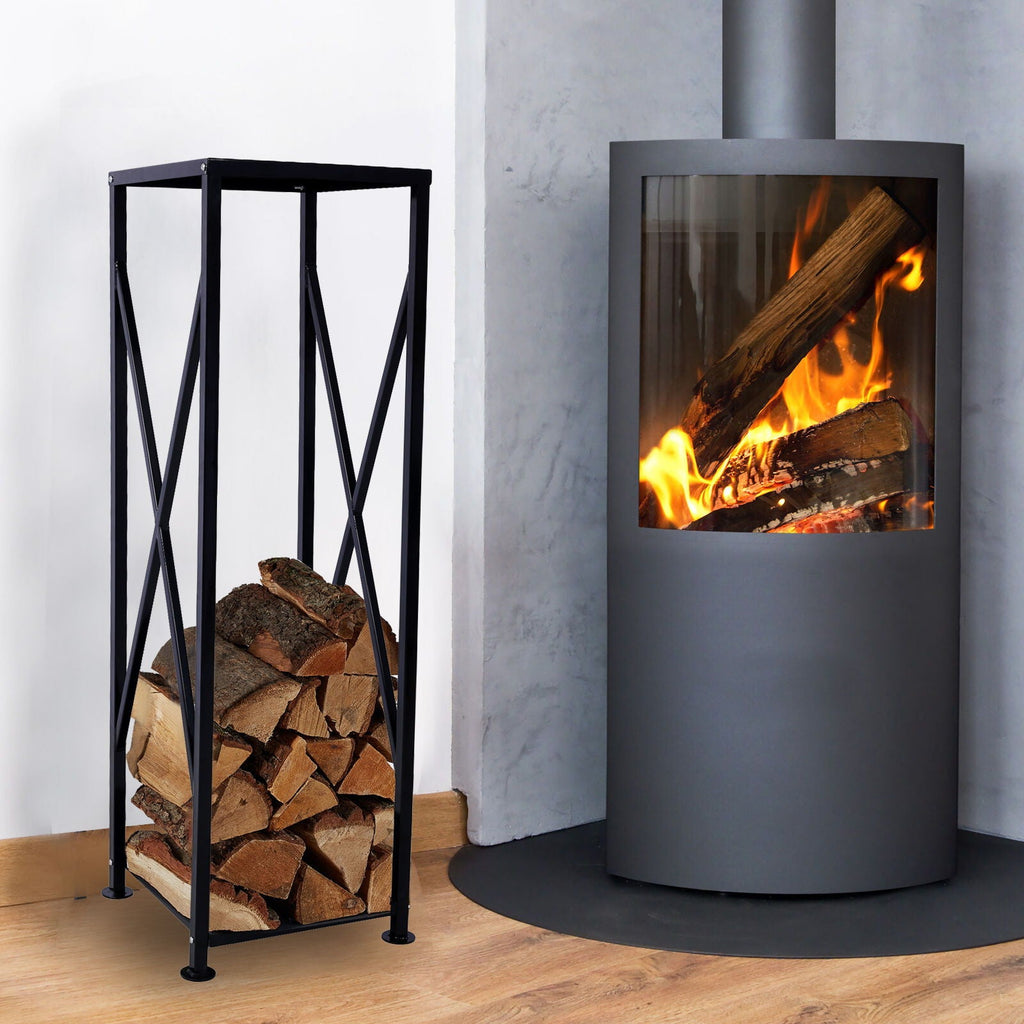 Decorative Firewood Storage Log Rack Holder with Openwork Design - Black