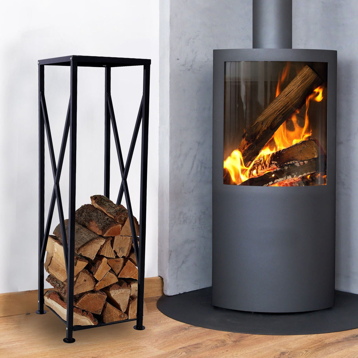 Decorative Firewood Storage Log Rack Holder with Openwork Design - Black