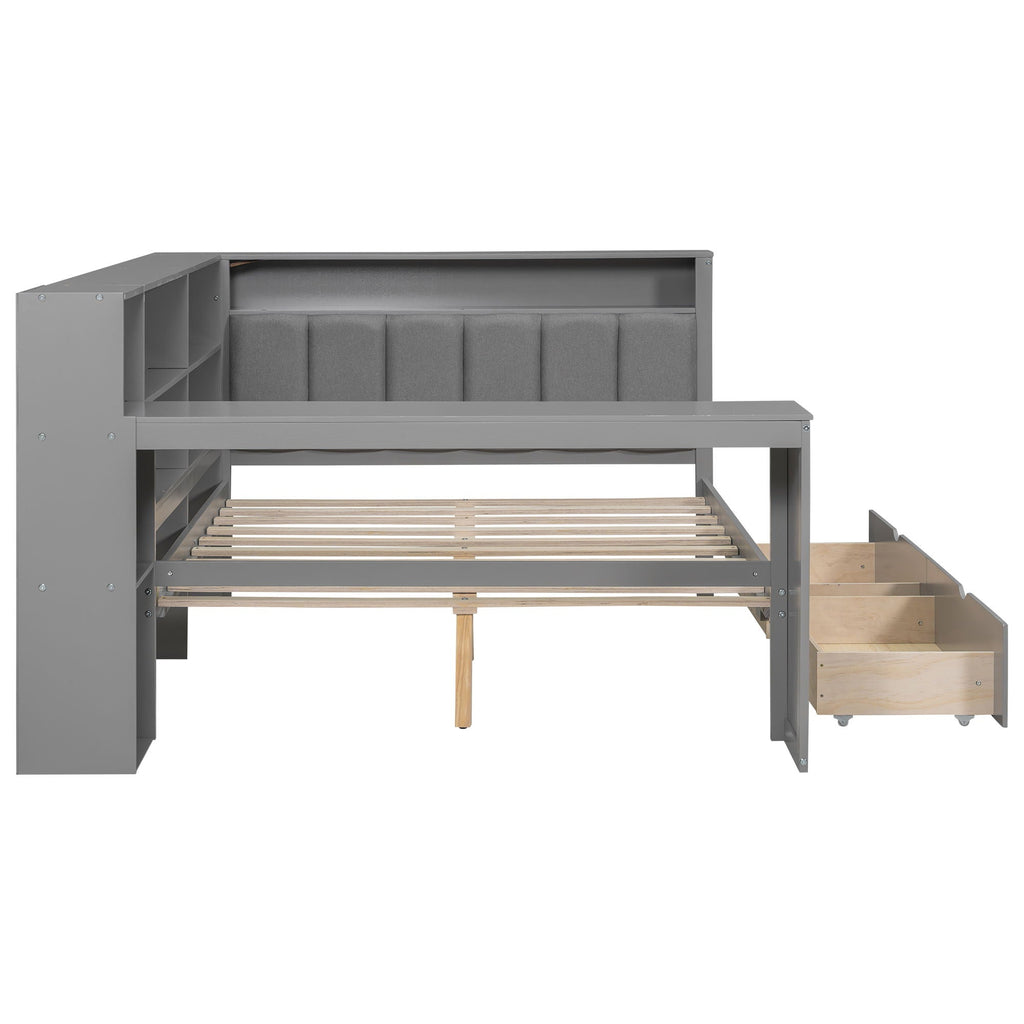 Platform Storage Bed with Shelves, Desk, Charging Station & LED - Full Size