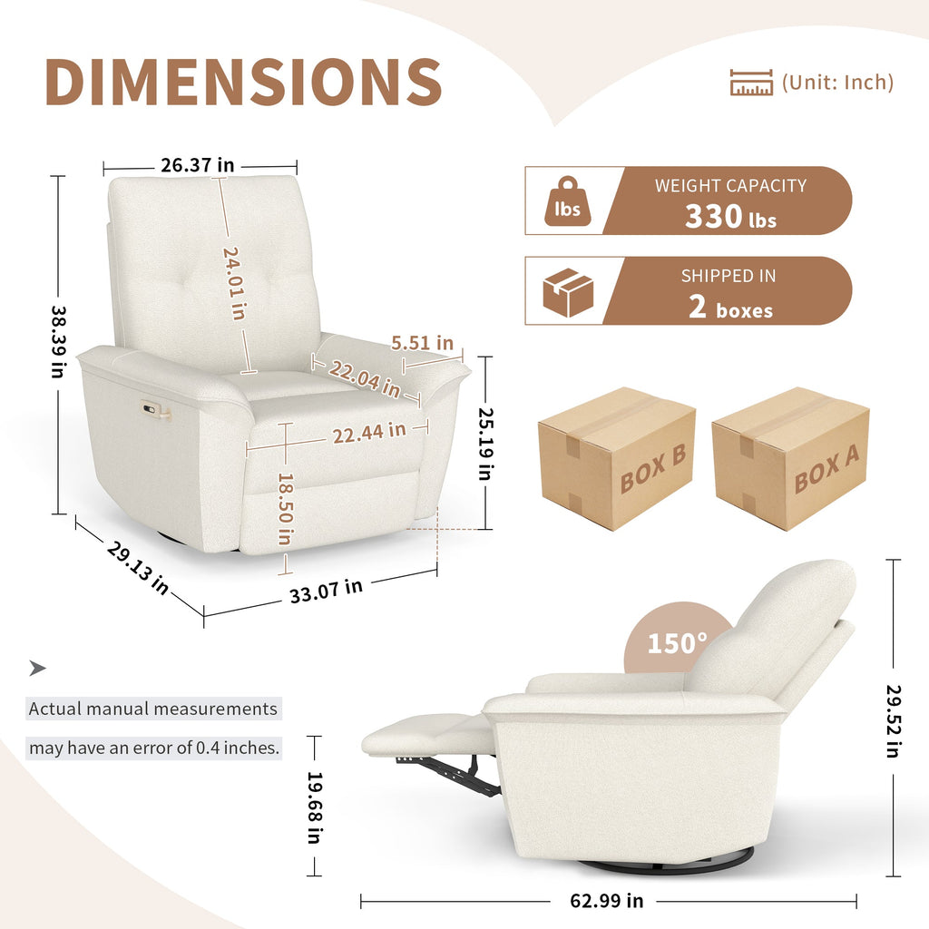 270° Power Swivel Rocker Recliner Chair with USB Ports - Snowflake