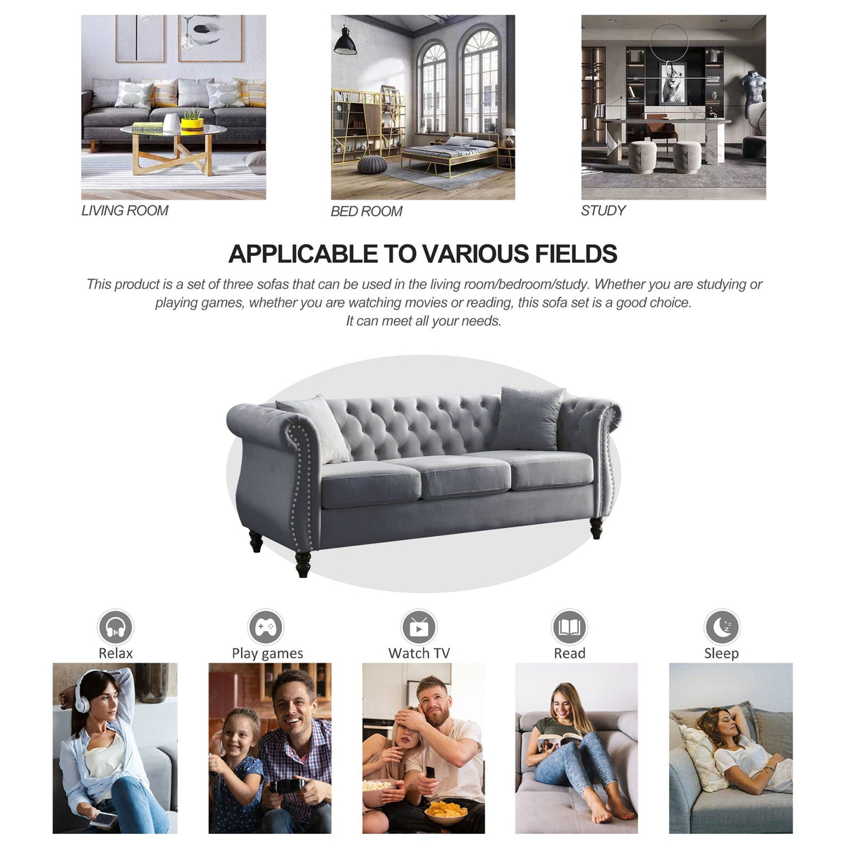 Chesterfield Sofa with Rolled Arms and Nailhead Trim – Solid Wood Frame