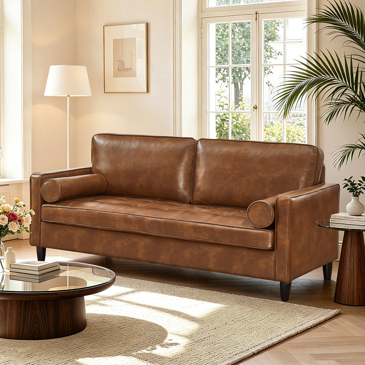Classic Design Leather Couch with Tufted Seat Cushion - Faux Leather