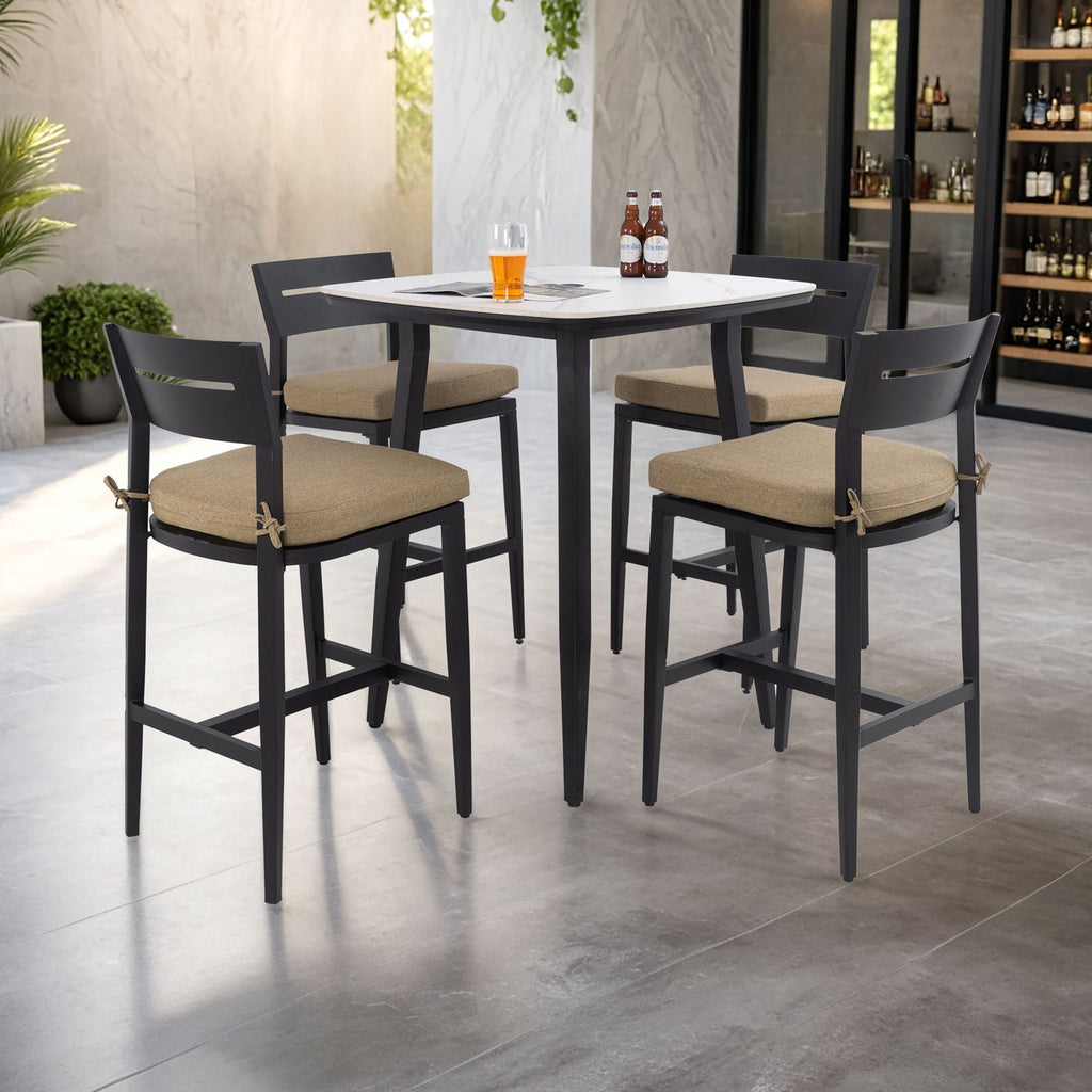 Beige 5-Piece Outdoor Patio Bar Set with Sintered Stone Table - Rounded Square Table & 4 Bar Stools
