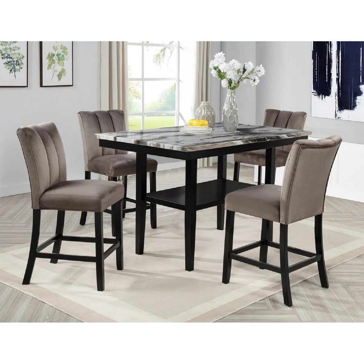 5 Piece Counter Dining Set with Faux Marble Tabletop - Black / Brown