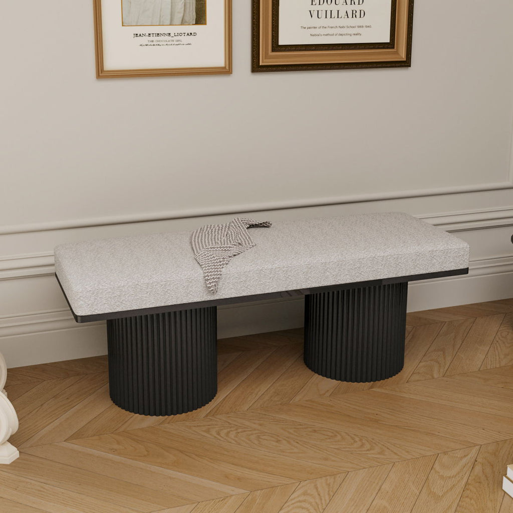 Boucle Upholstered Bench with Chunky Black Legs - Light Gray