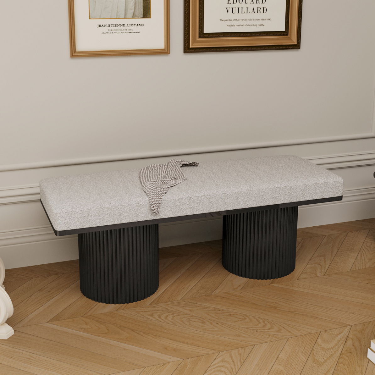Boucle Upholstered Bench with Chunky Black Legs - Light Gray