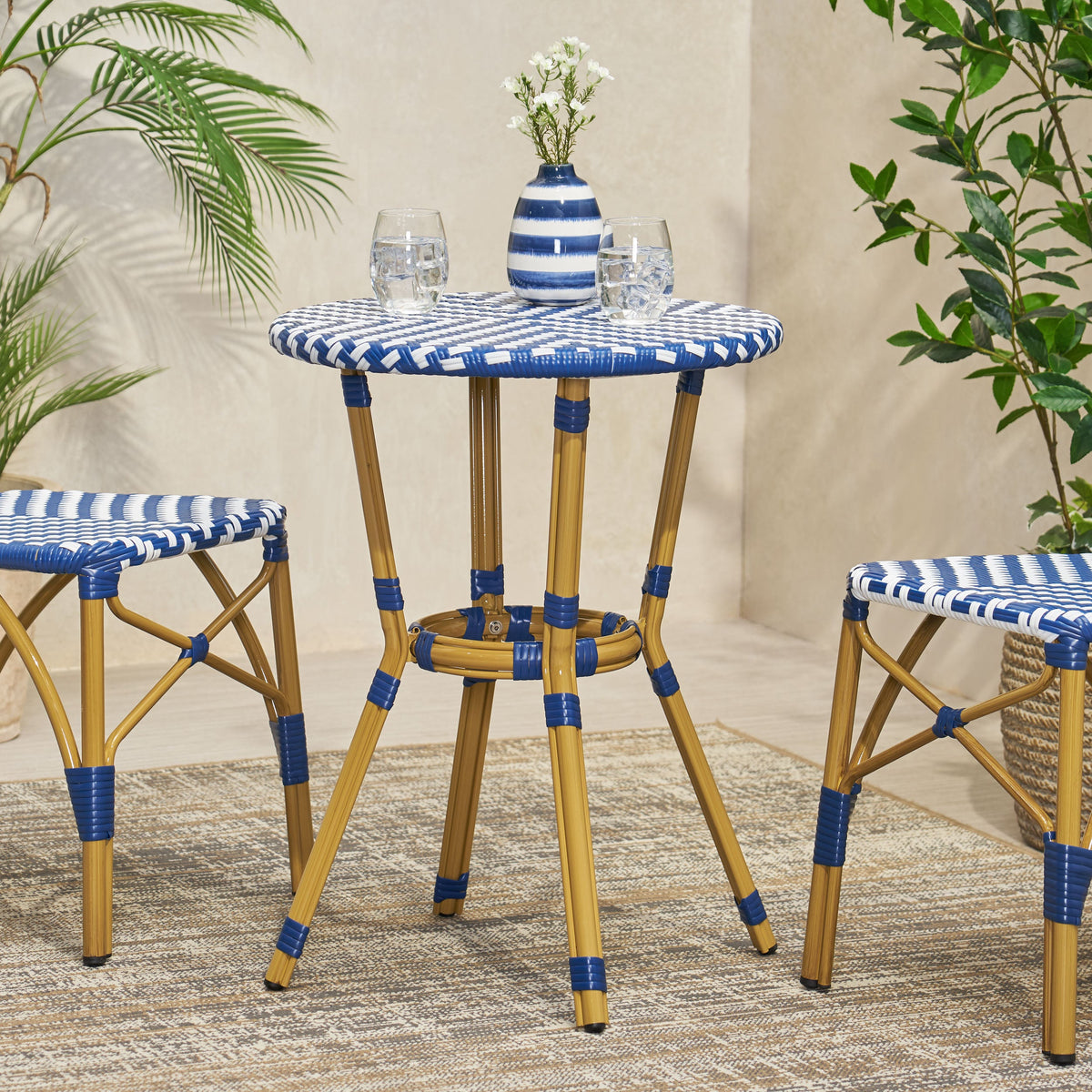 French Bistro Table with Aluminum Frame and Rattan Weave - Natural