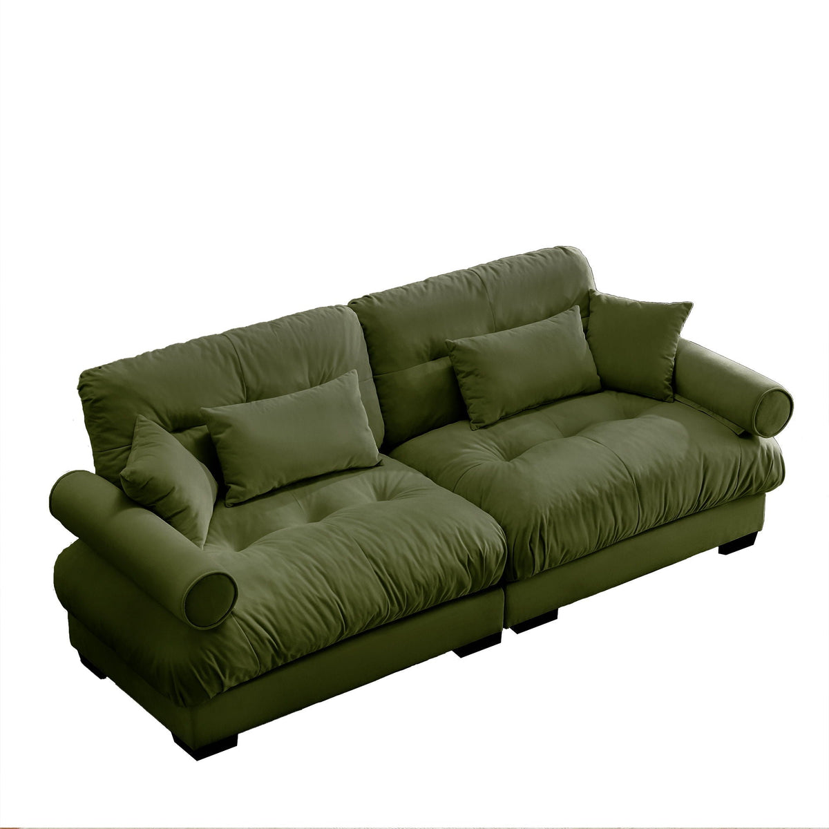 Modern Sofa with Bolstered Armrests and Pillows - Beige or Dark Green