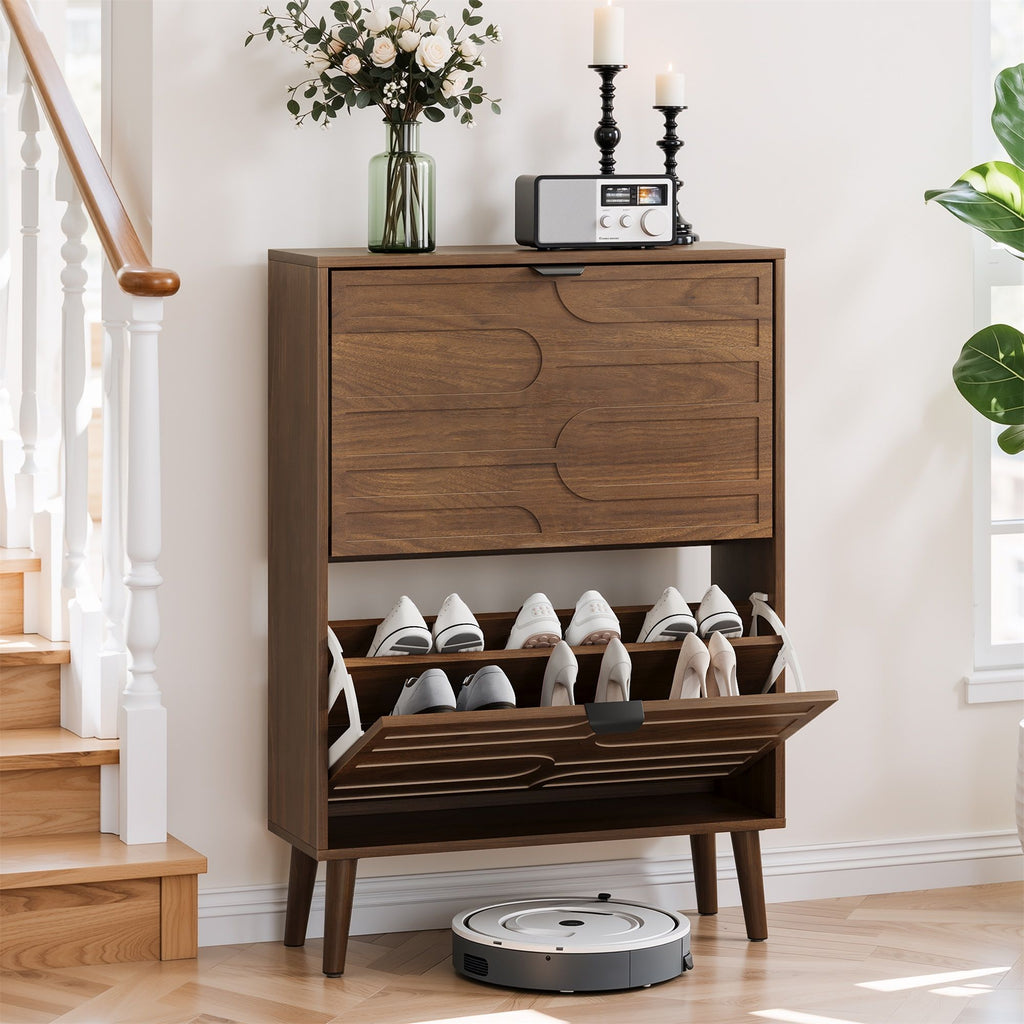 Dark Brown Shoe Cabinet with 2 Flip Drawers - Particle Board