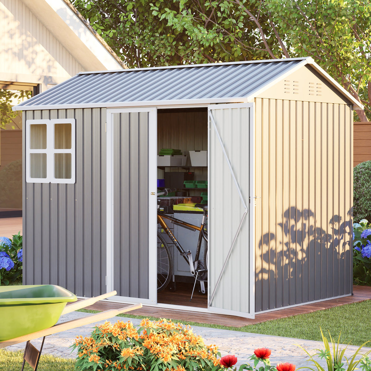 Large Steel Storage Shed with Window & Lockable Doors - Gray