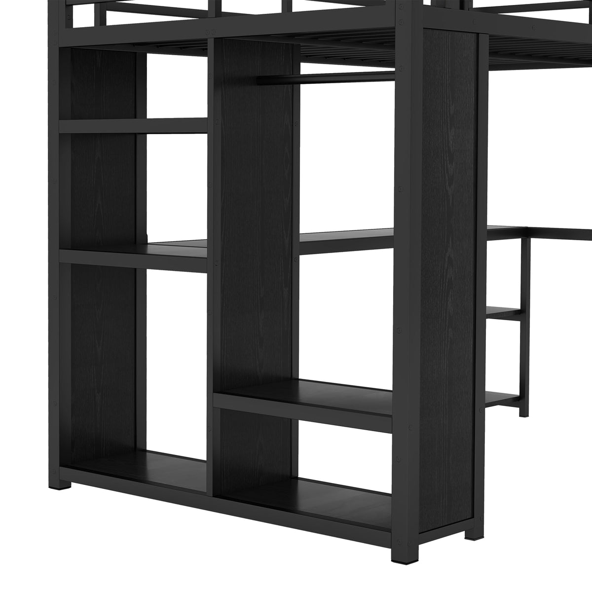 Full Size Loft Bed with Built-in Wardrobe and Desk