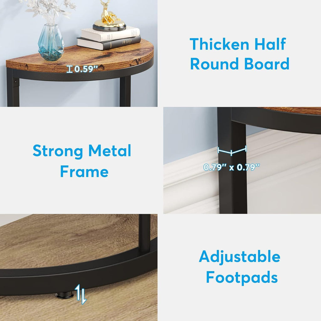 Slim Half Moon 2 Tier Semi Circle End Table with Wide Storage - Rustic Brown