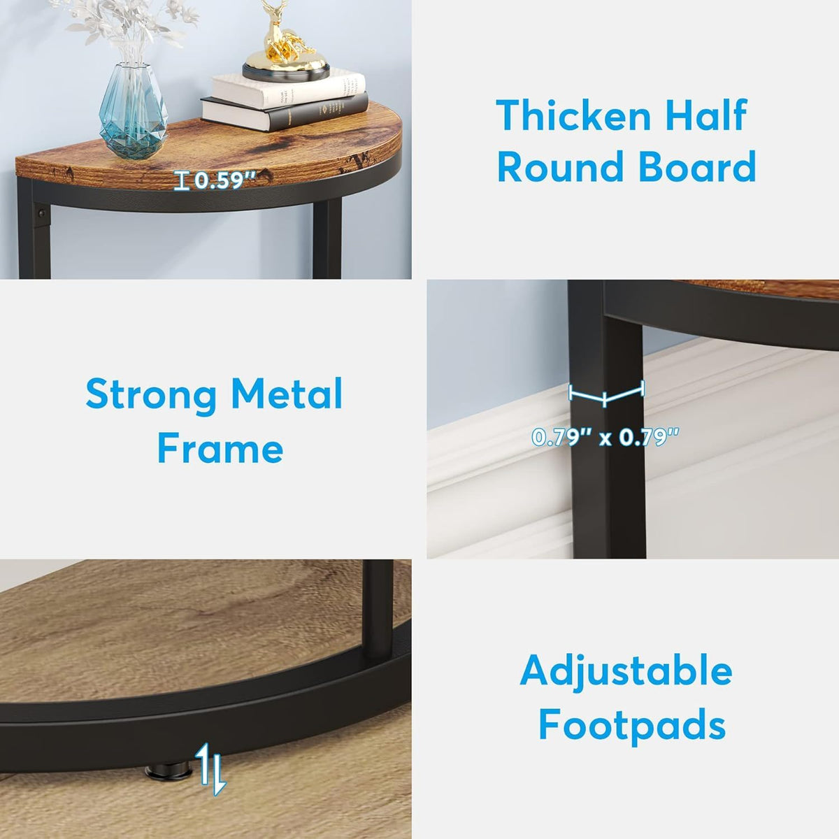 Slim Half Moon 2 Tier Semi Circle End Table with Wide Storage - Rustic Brown