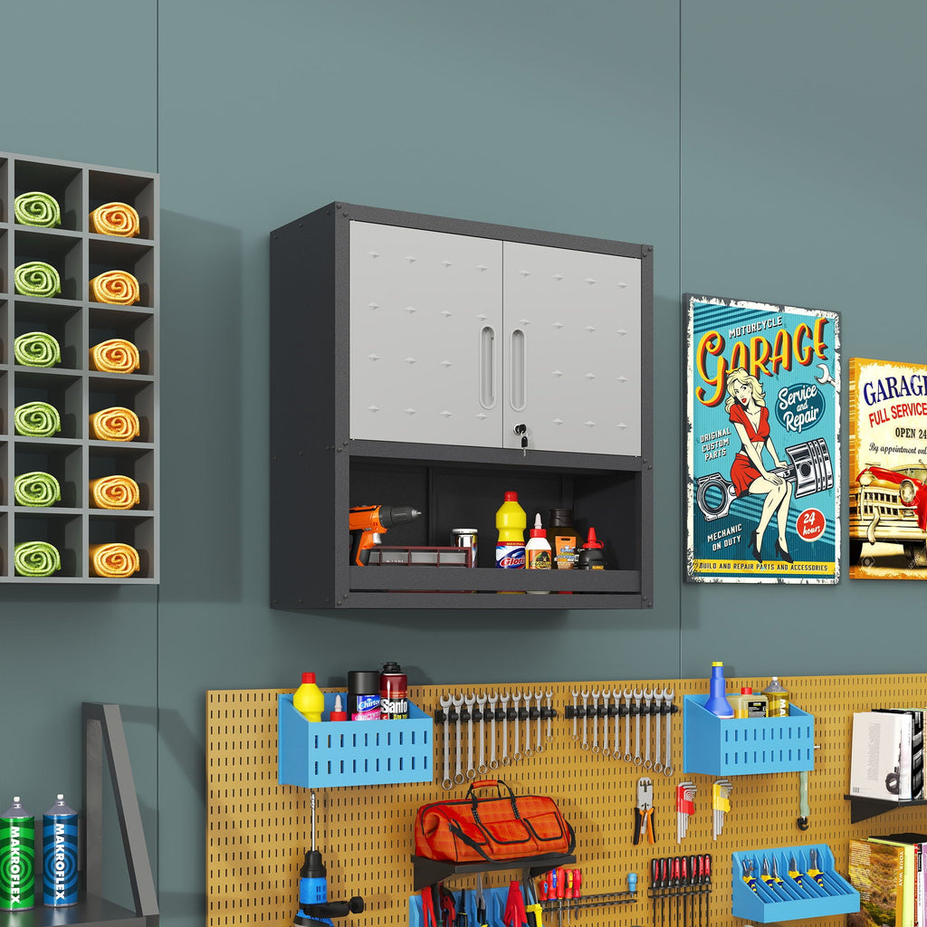 Metal Wall Mounted Tool Storage Cabinet with Locking Door - Gray