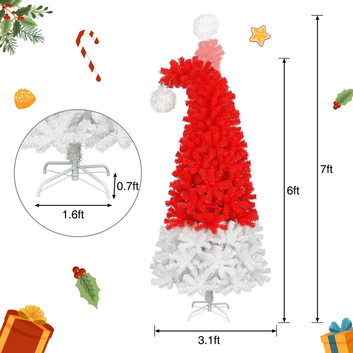 6FT Artificial Christmas Tree with LED Light - Santa's Hat Shape