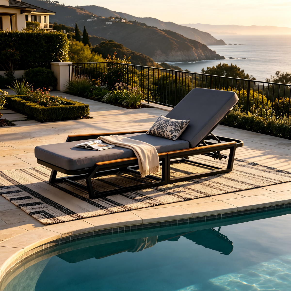 Adjustable 5-Position Outdoor Chaise Lounge with Cushion - Black, Grey, Teak or Cream, Teak, White