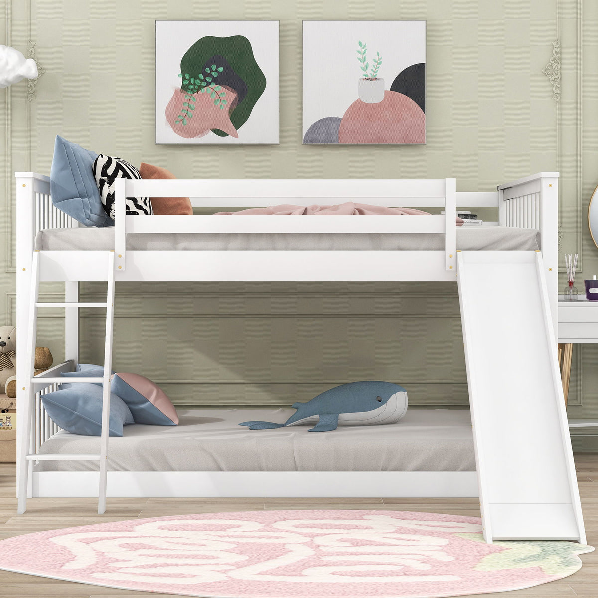 Bunk Bed with Convertible Slide and Ladder - White or Dark Gray